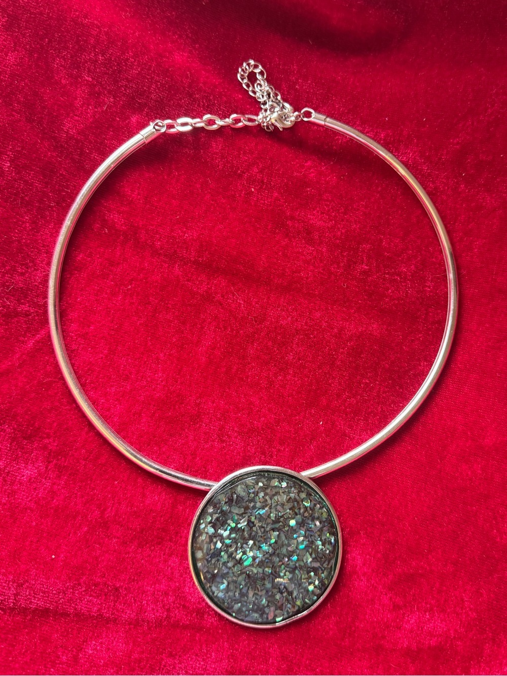 Silver Druzy Round Pendant Choker Collar Necklace Abstract Geometric Modernist